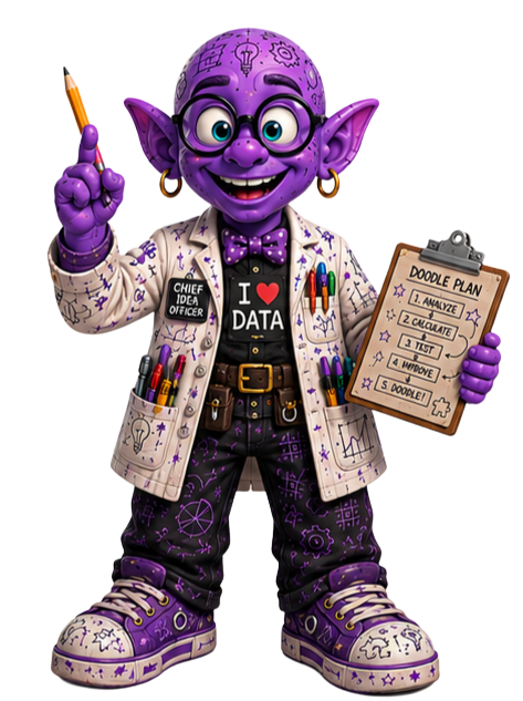 Nerdy, the purple Scribble Town scientist mascot