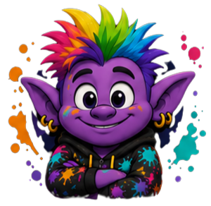 Chatty, a purple Doodle Troll with rainbow paint-splash hair, gold hoop earrings, and a paint-splattered hoodie