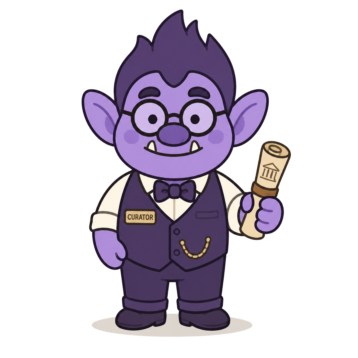 The Curator Doodle, a purple Doodle Troll dressed as a formal museum historian with a bow tie, waistcoat, and a name badge, holding a rolled scroll
